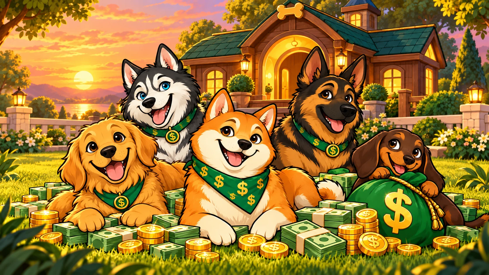 The friends relaxing outside their doghouse clubhouse at sunset