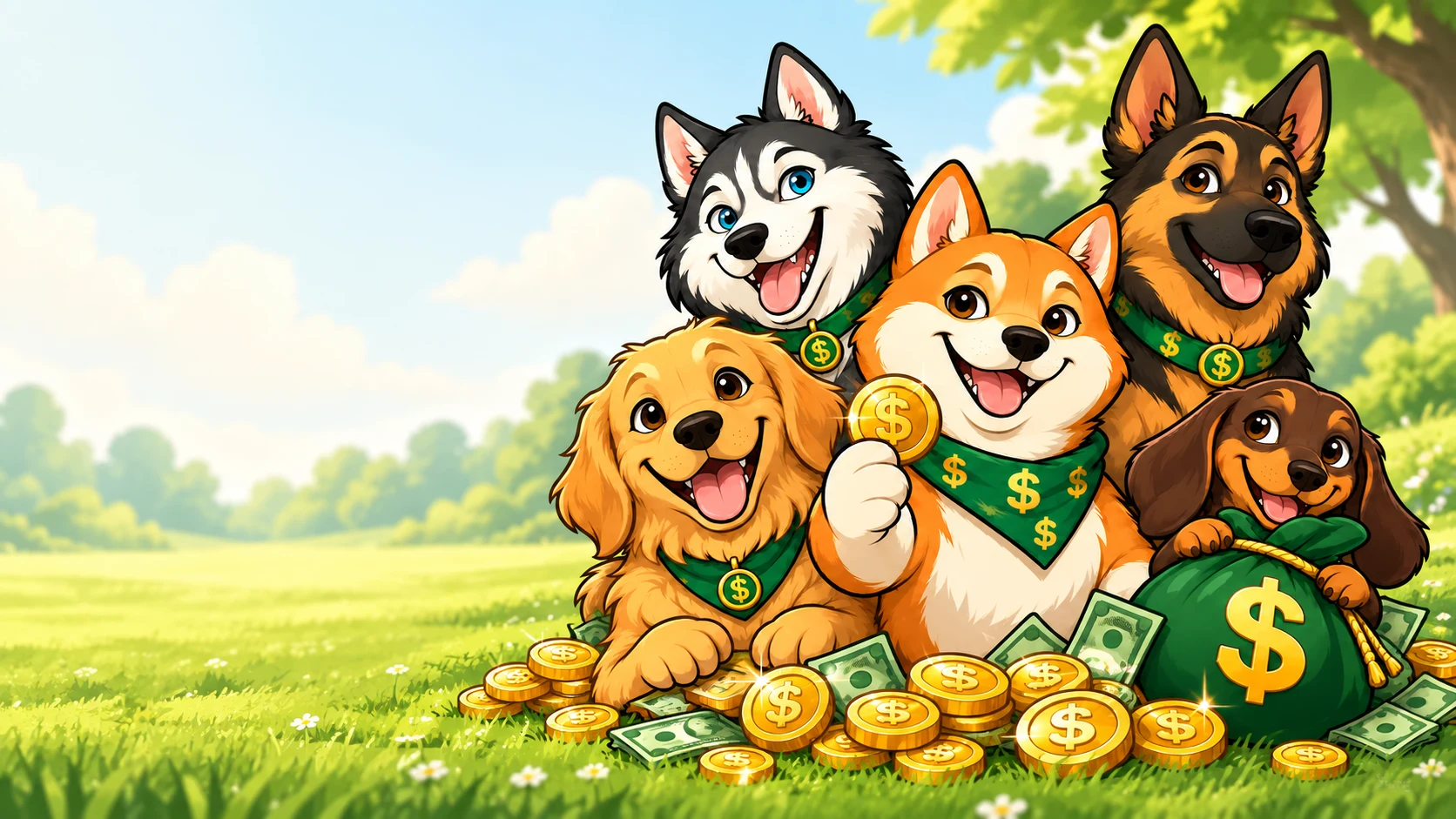 The five Dollar Fetching Friends with their dollar haul in a sunny green park