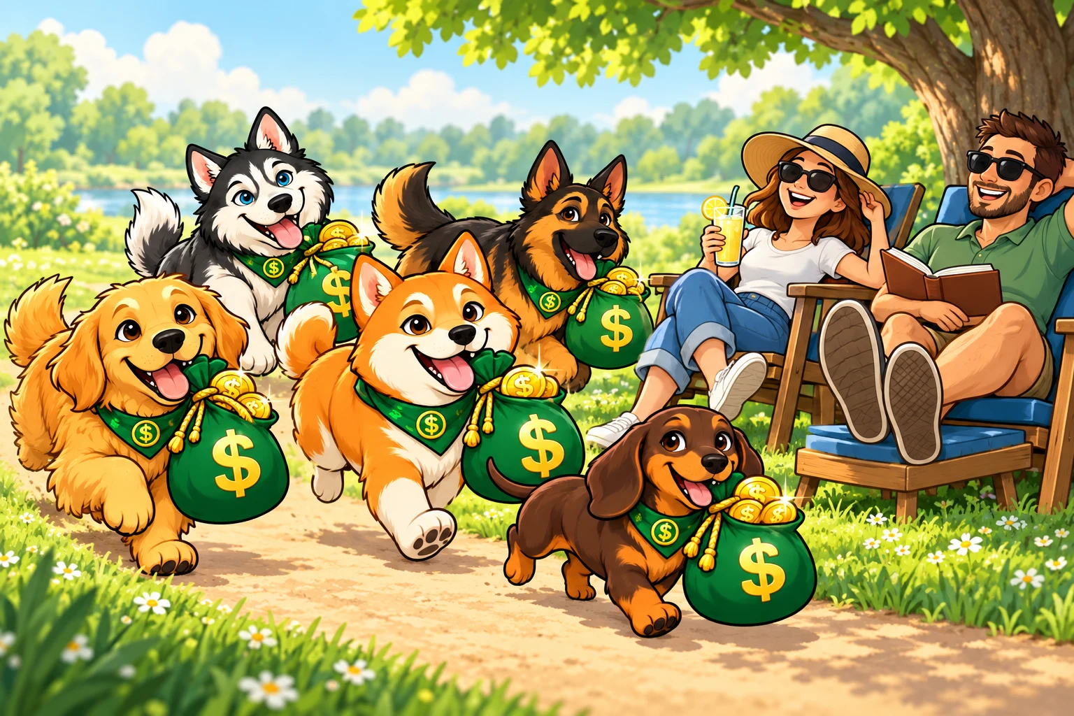 The five friends returning with their dollar haul to their owners relaxing in park chairs