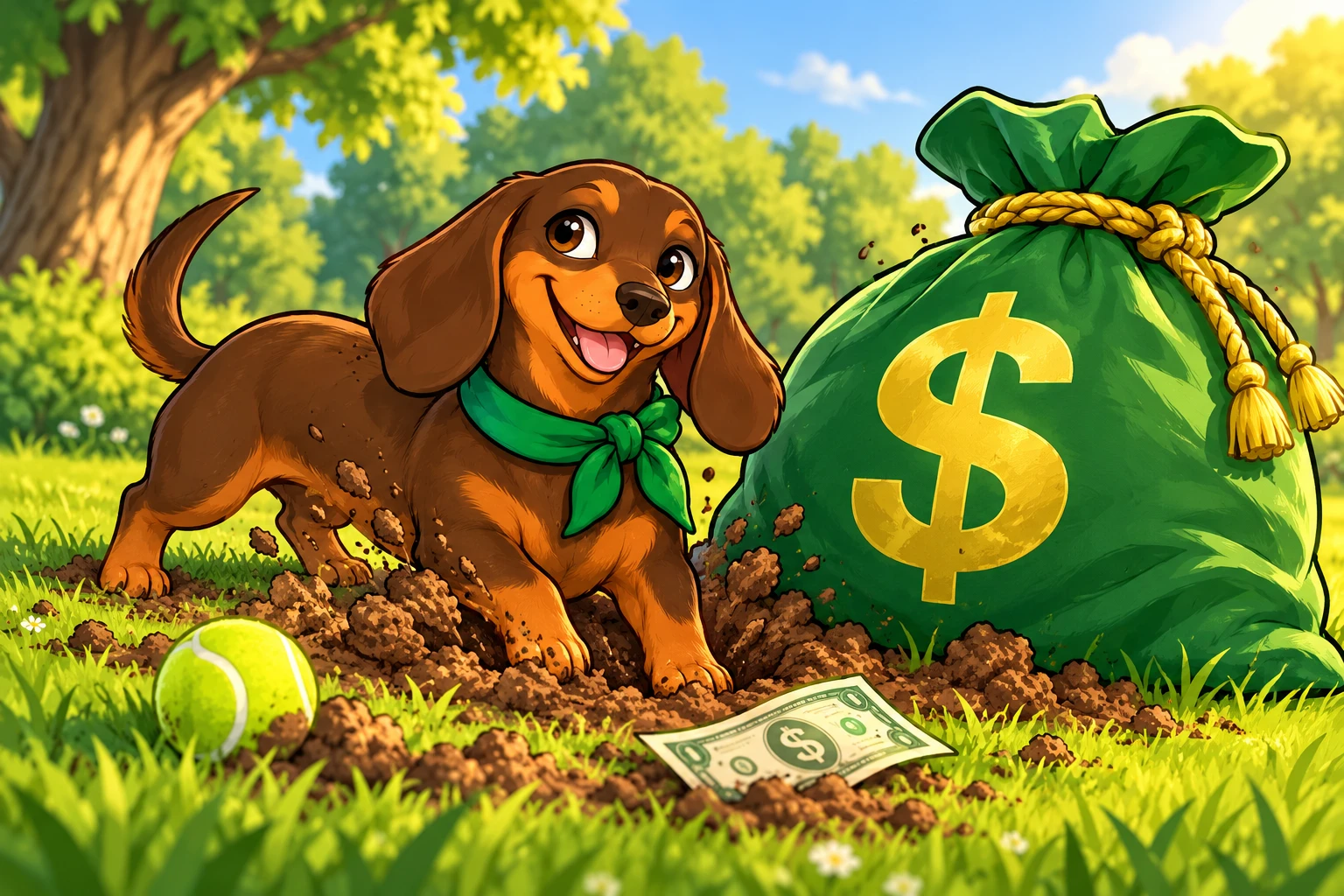Dachshund on a dollar-fetching adventure in the park