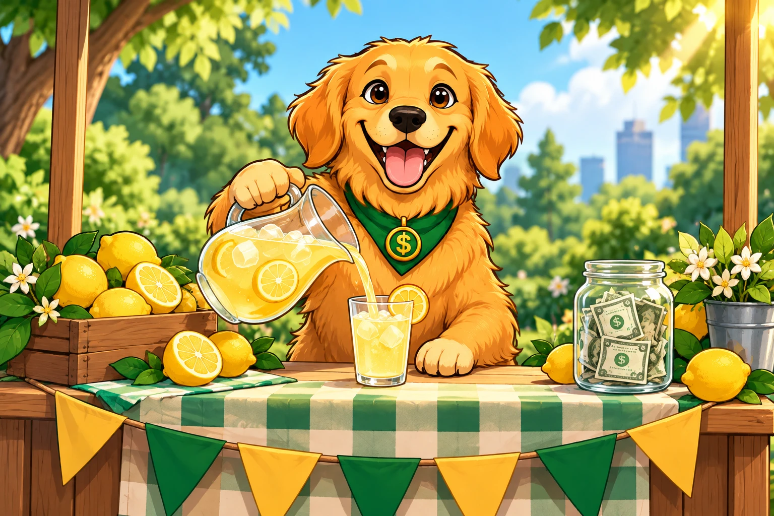 Golden Retriever on a dollar-fetching adventure in the park