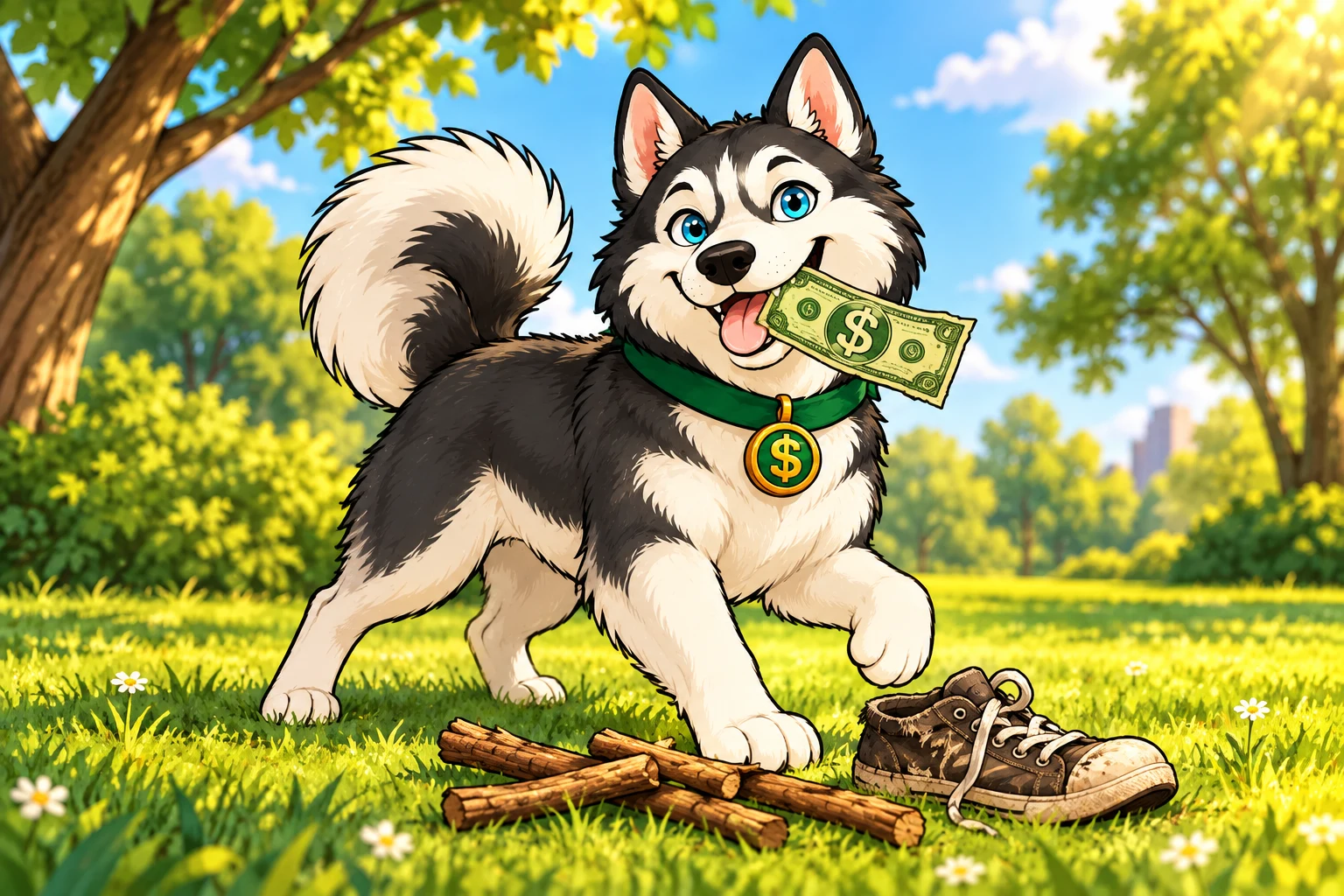 Husky on a dollar-fetching adventure in the park