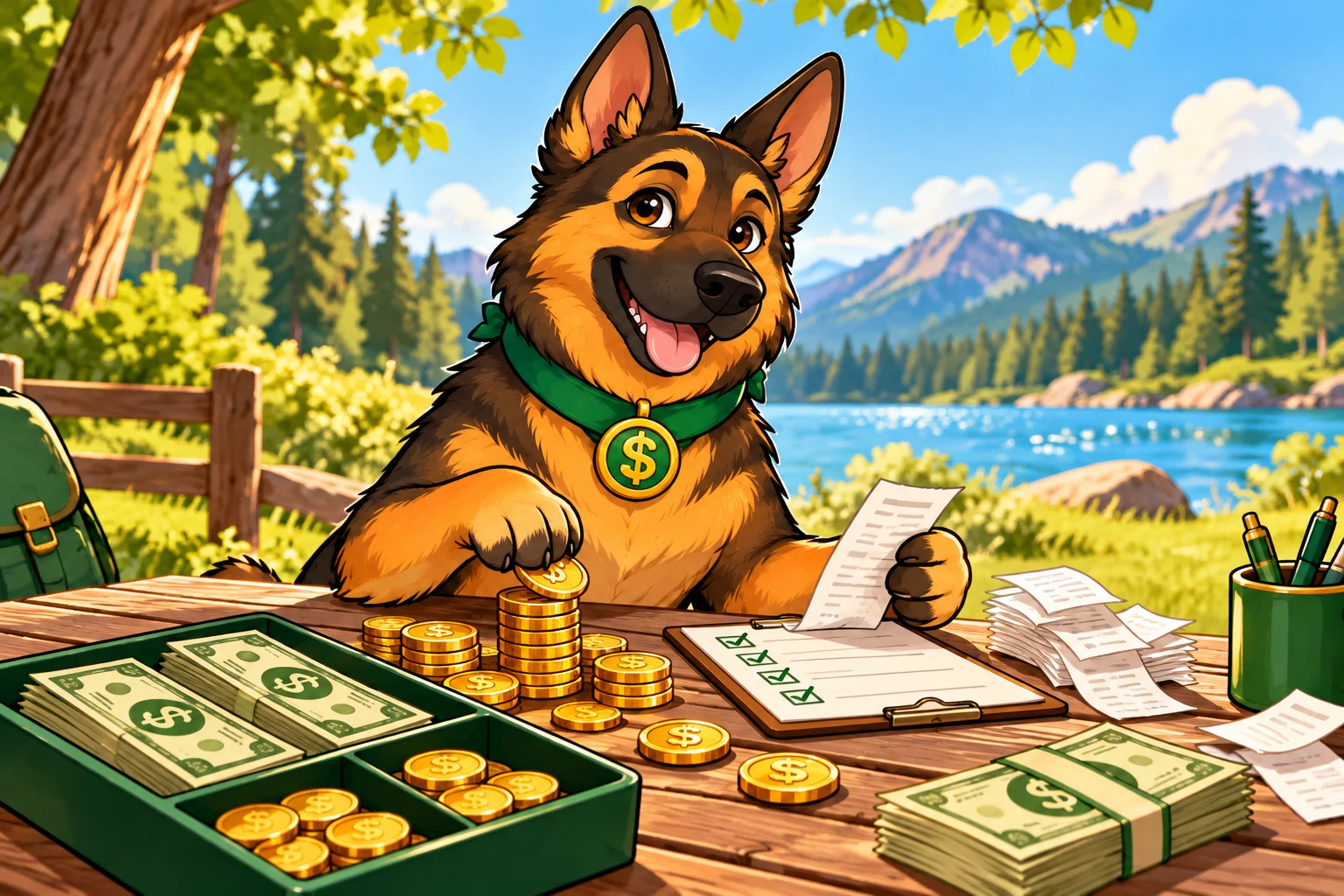 German Shepherd on a dollar-fetching adventure in the park