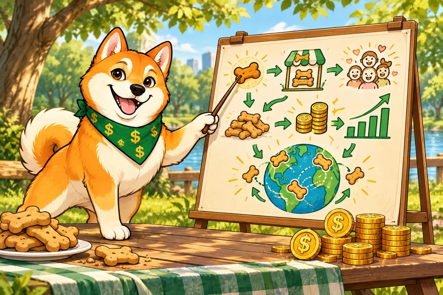 Shiba Inu on a dollar-fetching adventure in the park