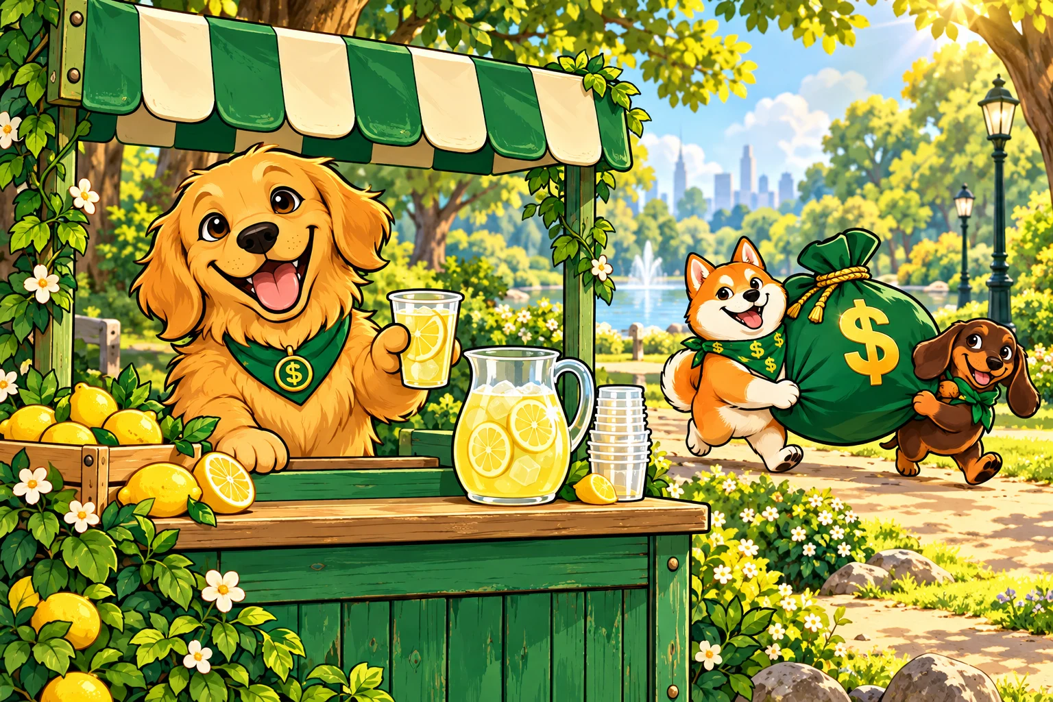 Golden Retriever working at a lemonade stand while friends carry a money bag